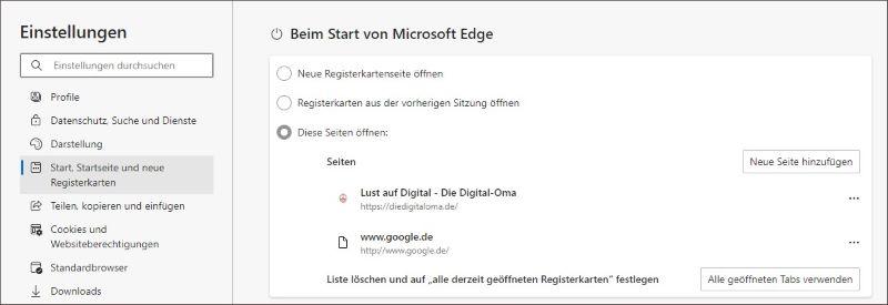 Startseite in Edge