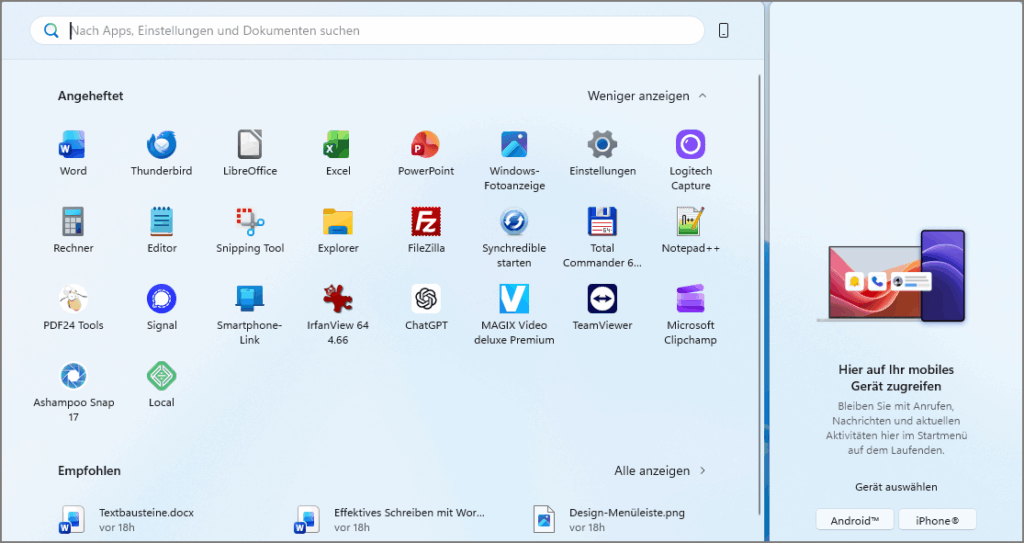 Startmenü Windows Nov25