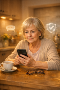 Ältere Frau nutzt Smartphone und informiert sich über sichere Messenger