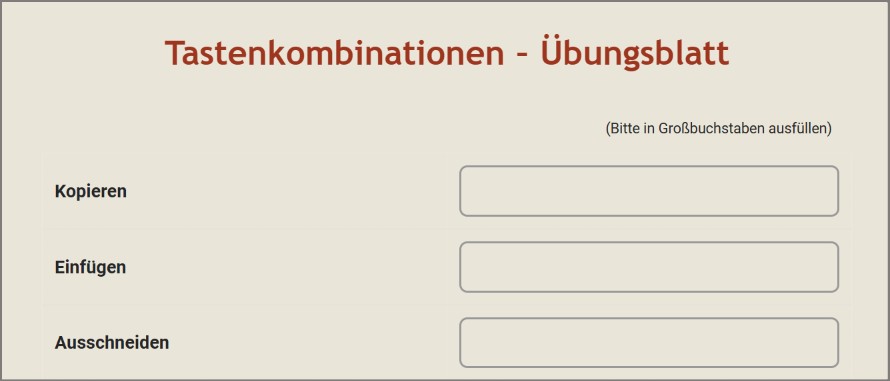 Tastenkombinationen Übungsblatt 1